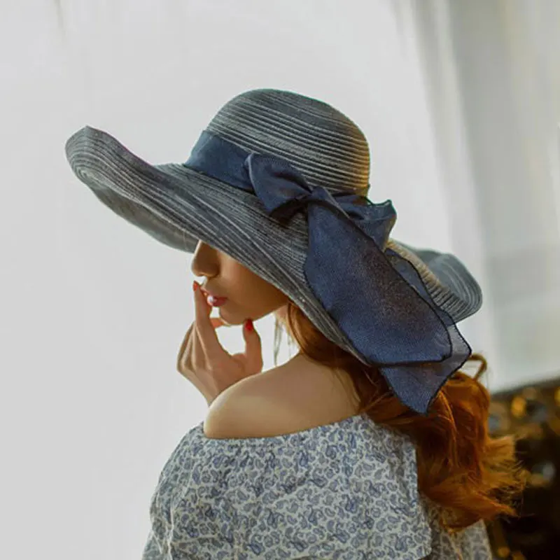 

Women Summer Sun Hat Bowknot Ribbon Wide Brim Folding Sea Beach Cap