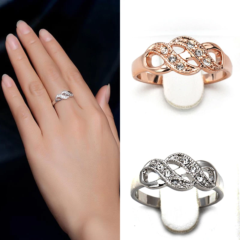 

Silver Double Helix 1PC Ring Girls Unique Wave Shape Crystal Beautiful Bride Wedding Zircon 2019 New Arrival Rose Golden Gifts