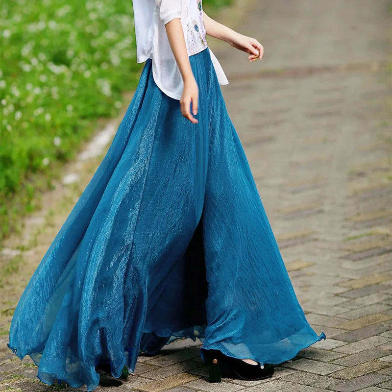 

High Waist Women Chiffon Skirt Bohemian Korean Fashion Maxi Skirt Womens A Line Long Ruffles Skirt Saia Longa Faldas