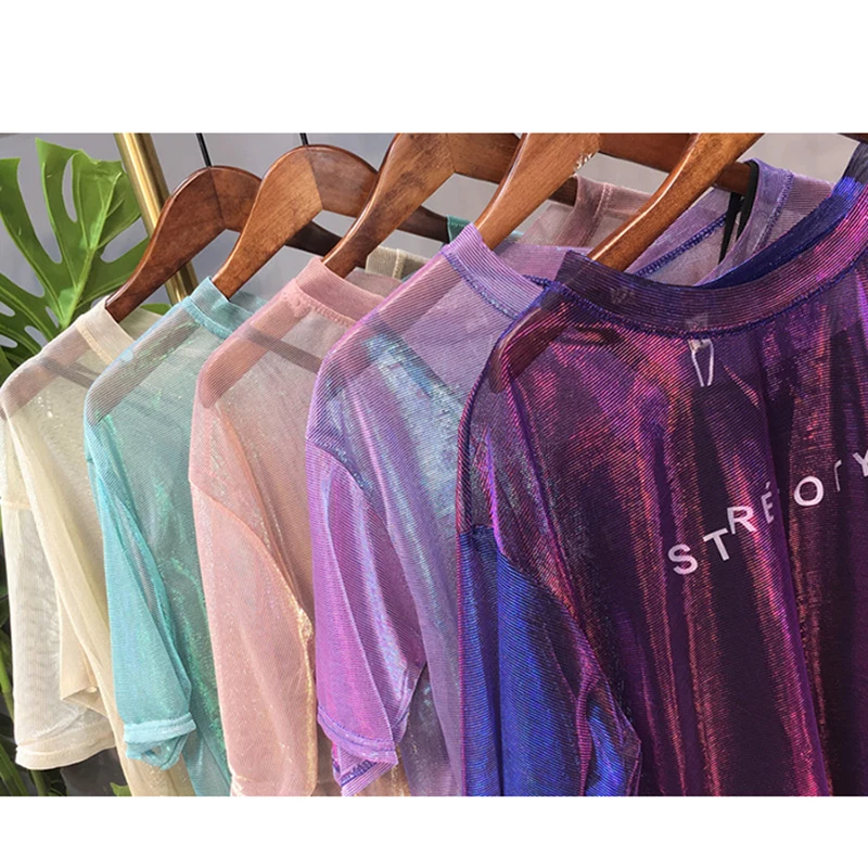 2018 Harajuku Transparent T shirt Women Summer Letter Print T-shirt Punk plus size Shining Mesh Tops Short Sleeve tshirt women 2018 Harajuku Transparent T shirt Women Summer Letter Print T-shirt Punk plus size Shining Mesh Tops Short Sleeve tshirt women