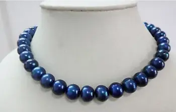 

free shipping >>>>noble jewelry stunning 10-11mm round black blue pearl necklace 14k