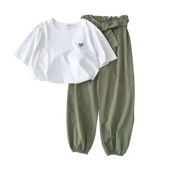 

2019 Women Fashion 2 piece set Concise Casual All-match Short Sleeve T-shirt Solid Color Pants ensemble femme