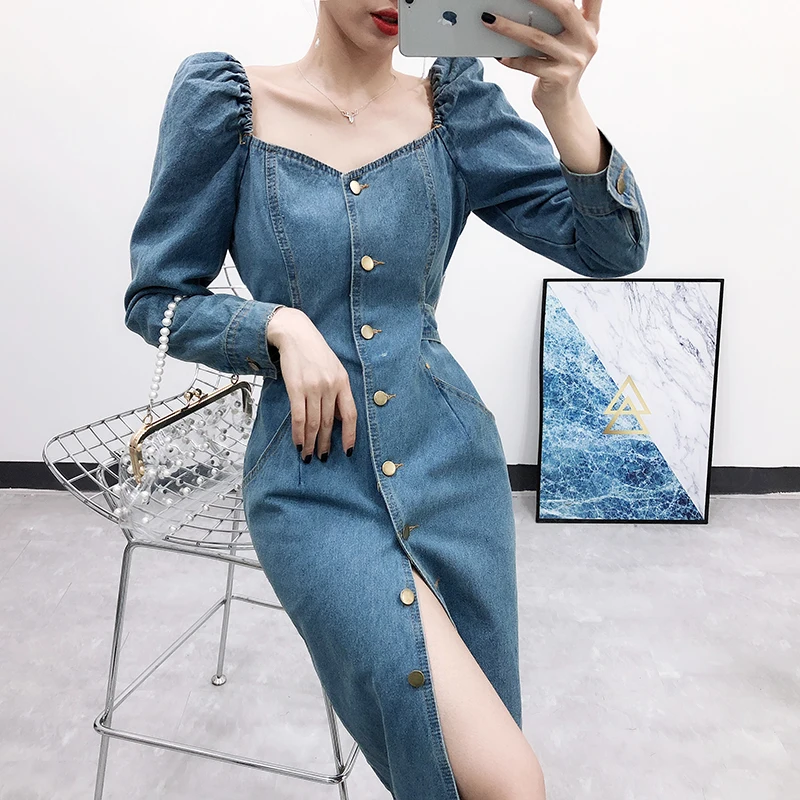 denim dress puff sleeve