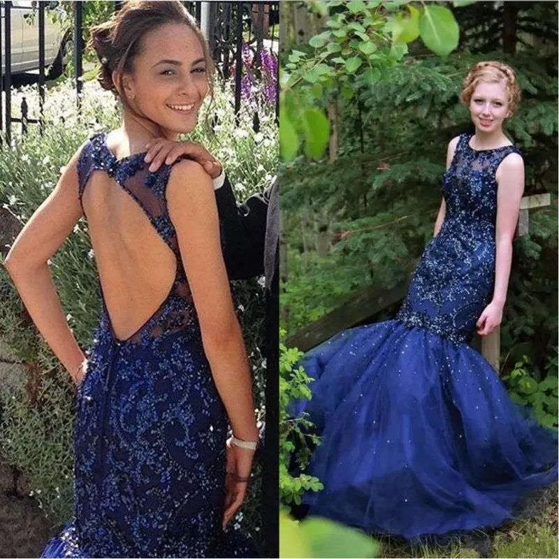 Темно-синее с юбкой-годе Вечерние платья Длинные vestidos de fiesta de noche открытой спиной Sheer платье для особых случаев торжественные платья для выпускного