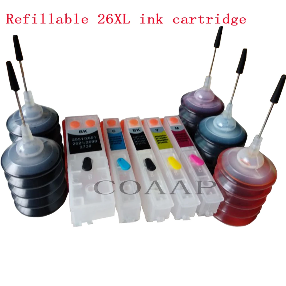 

5 pack 26XL Cartridge Refillable kit for Epson XP 615 620 625 700 710 720 800 810 820 Printer, (150ml Dye ink)