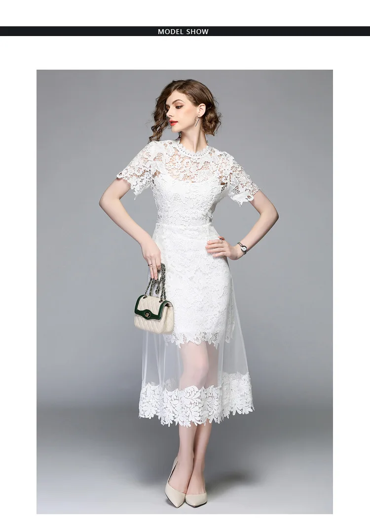 White Lace Stitching Mesh Gauze O-neck Short Sleeve Mid-calf Dress