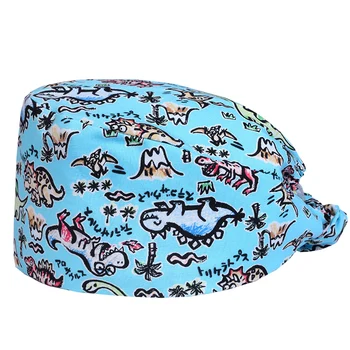 

Stylish Scrub Surgeons Caps Versatile Dinosaur Blue Cotton Surgical Caps Scrub Hats for Women and Men Tieback with Sweatband