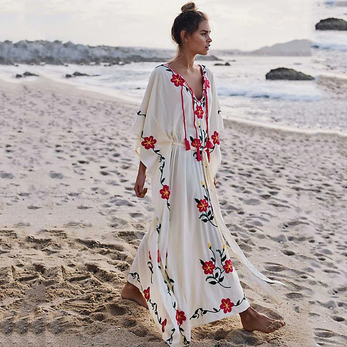 

Jastie Boho Floral Embroidered Kaftan Women Dress V-Neck with Tassels Summer Dress Oversized Batwing Sleeve Swimsuit Beach Dress