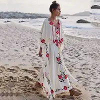 Jastie Boho Floral Embroidered Kaftan Women Dress V-Neck with Tassels Summer Dress Oversized Batwing Sleeve Swimsuit Beach Dress