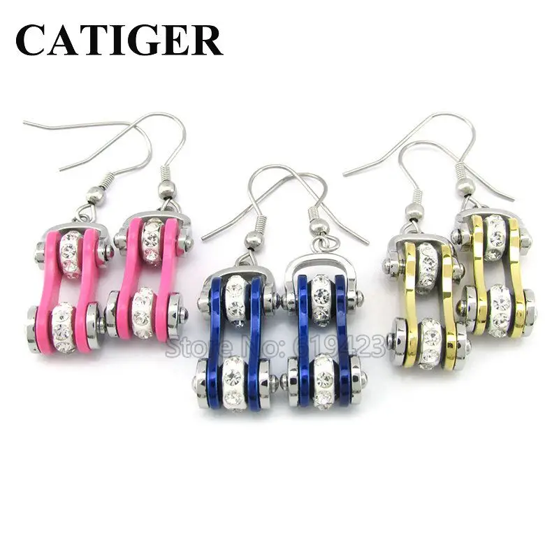 

New Arrival Personal Design Golden Blue Crystal Chain Biker Earrings 316L Stainless Steel Fashion Jewelry Bike Chain Earrings