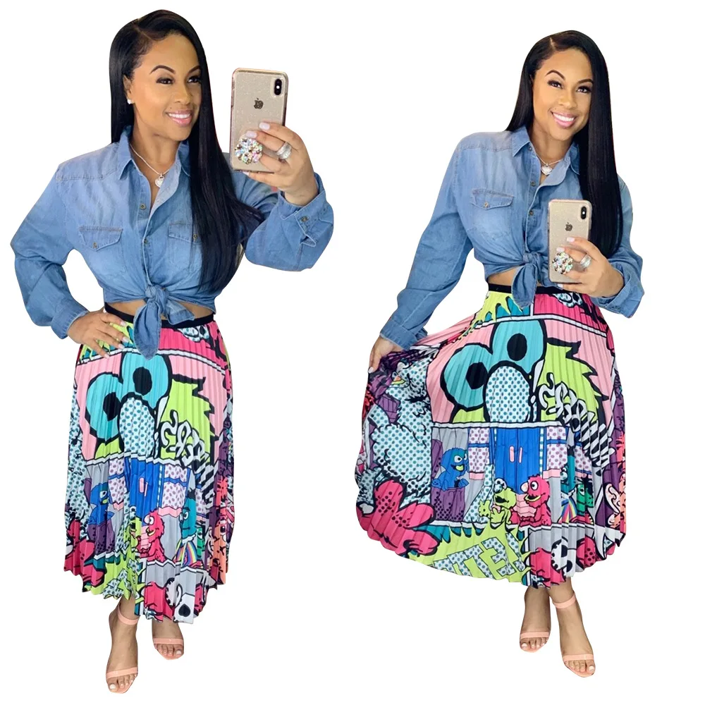 

2019 Spring New-Coming Europen Cartoon Pattern High Elasticity Pleated skirt High Street Style A-line Mid-Calf Christmas