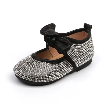 

2018 Autumn Girls Fashion Soft Leather Shoes Rhinestones Bow Princess Children's Flats Wedding Party Black