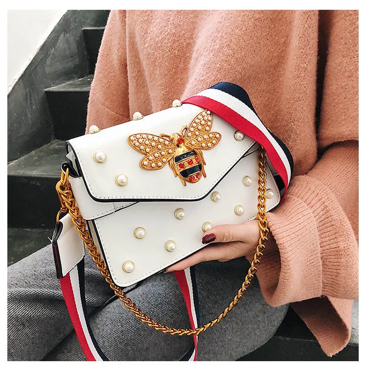 Women's Pearl Bee Leather Handbags Crossbody Bags for Women 2018 Italian Style Luxury Chain Clutch Designer Female Shoulder Bag (4)