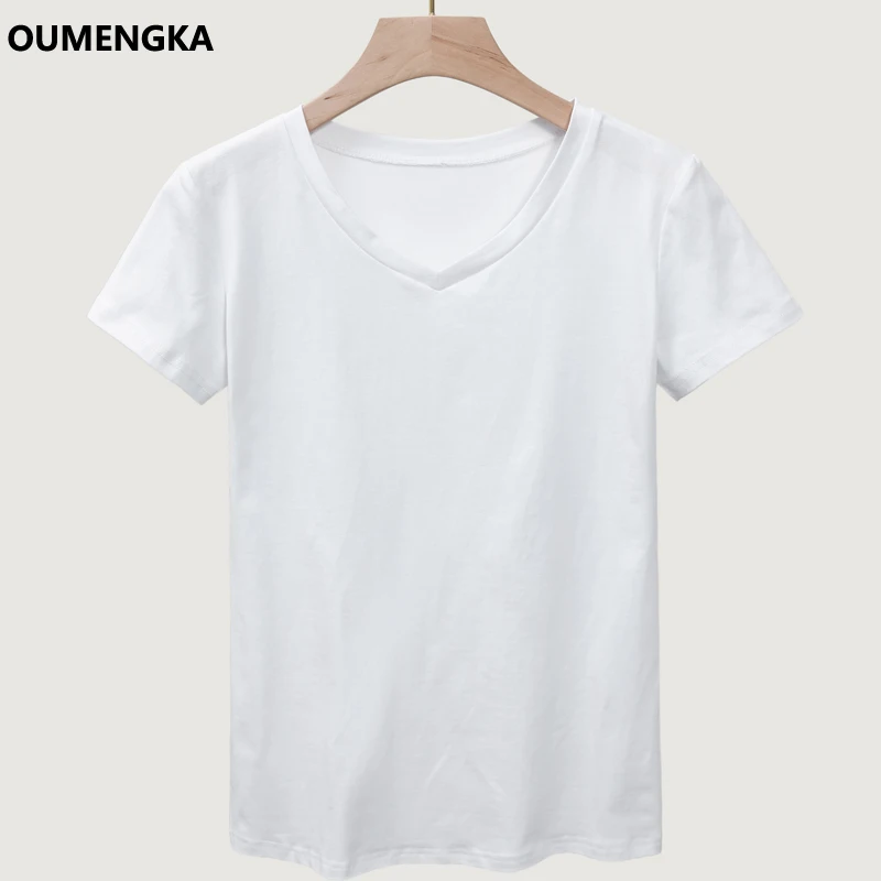 Высококачественная базовая футболка из хлопка с v-образным вырезом, 6 ярких цветов, простая женская футболка с коротким рукавом, женские топы S-5XL - Цвет: white