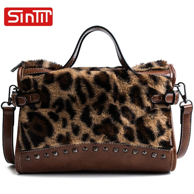 

Leopard Print 2018 Large Capacity Women Bags Shoulder Tote Bags Rivet PU Fur Patchwork Women Messenger Bag Soft Casual Handbags