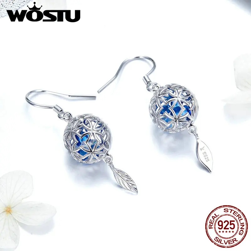 WOSTU 925 пробы серебряные серьги-кольца с шариком и синим цирконием для женщин Свадебные модные 925 ювелирные изделия FIE573