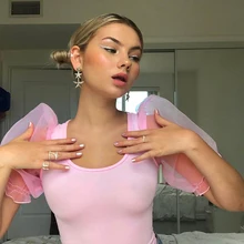 Sweet Pink Crop Top Women Mesh Short Puff Sleeve Vintage Sexy Low Cut T shirts Square Neck Summer Mini Tops Girls Vacation Wear pink simple low cut v neck bikini top
