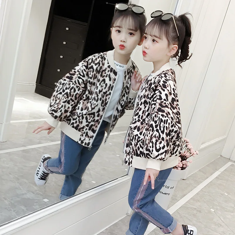 

Girls coats Leopard Fashion Sports coat V-neck Kids Jacket 2019 Spring Autumn Short Coats Long sleeve Jackets girl Age for 3-13y