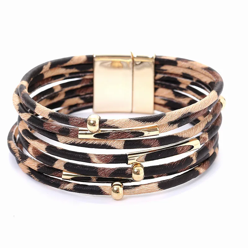 Amorcome Leopard Leather Bracelets For Women 2019 Fashion &amp Bangles Elegant Multilayer Wrap Wide Bracelet Jewelry | Украшения и