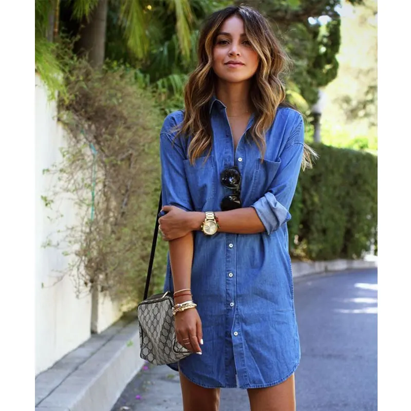 

2019 The New Women Summer Casual Denim Dresses Pockets Elegant Cowboy Fashion Women Feminino Sexy Lady Slim Shirt Dress Jeans