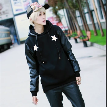 

2017 New Arrival Autumn Winter Pu Leather Long Sleeve Fitness Hoodies Men's Tracksuit Men Brand Famous Sweatshirt Men Clothes