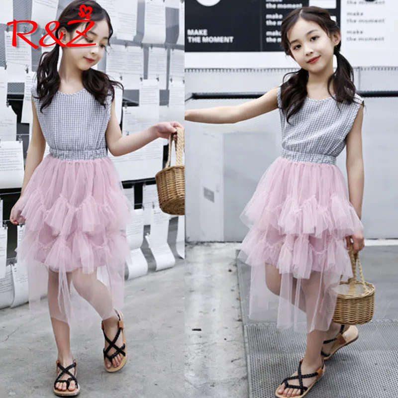 

R&Z children's dress 2019 summer new girls dress big boy sleeveless plaid stitching dress mesh cake dress
