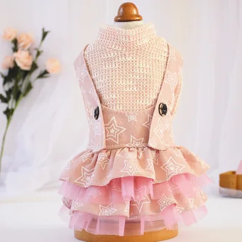 

New Spring Princess Strap Dog Dress Pleated Wedding Skirt Small Puppy Dogs Knitted Sweater Tulle Skirt Couple Wear Cat Dress