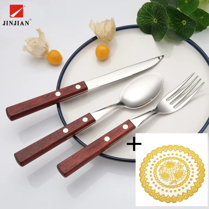 3 Pcs/Set Western Portable Cutlery Set With Mat Stainless Steel Dinnerware Wooden Handle Knife Dinner Tableware | Дом и сад