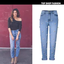 Соединенные Штаты Женская мода высотой талии легко мыть прямые джинсовые штаны девять минут Штаны ногтей с большой жемчужиной