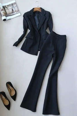 Осенний модный костюм OL для путешествий, женский костюм, куртка, женские брюки-колокольчики, два комплекта, деловой профессиональный костюм - Цвет: black