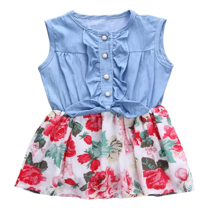 

Children's girls summer sleeveless ruffled bow tie tutu dress princess party denim flower tutu dress send leggings socks