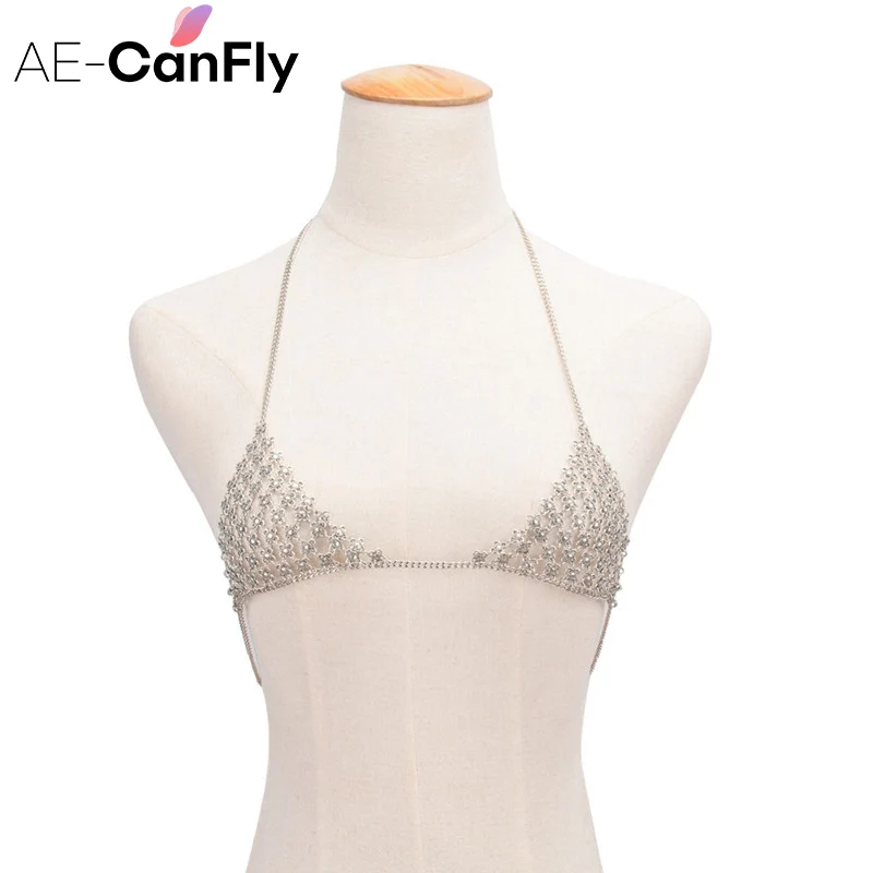 

AE-CAFNFLY Women Sexy Body Chain Bikini Bra Net Floral Slave Harness V Necklace Waist Belly Chain Jewelry 2L3008