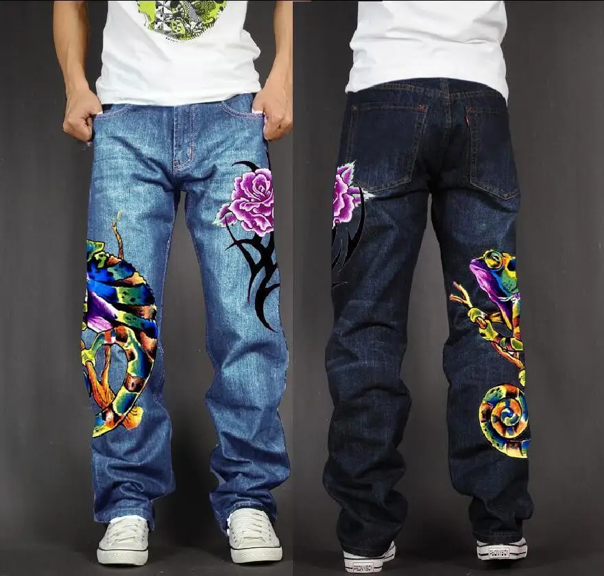 

Men's Long Pants Baggy Loose Fit Jeans Rap Hip Hop Skate Denim Print Trousers Straight Stretch Casual Trousers VF32