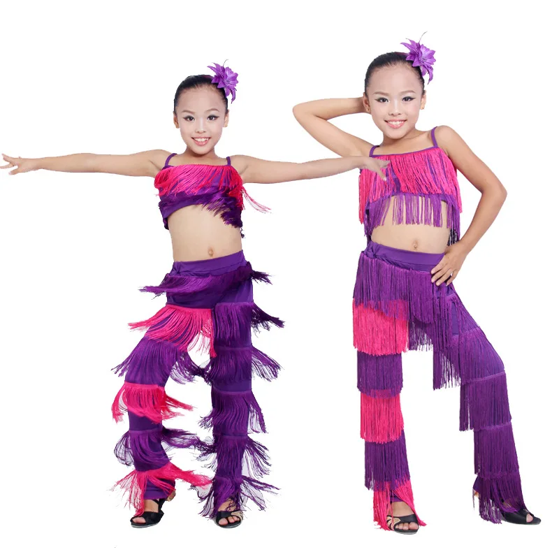 110 160cm Girl Latin Fringe Dance Pants Tassel Dance Tops Children Salsa Ramba Dance Costume