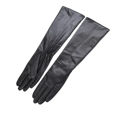 KURSHEUEL Роскошные зимние женские длинные кожаные перчатки высокого качества для вечеринки из натуральной кожи теплые перчатки для вождения Женские варежки - Цвет: black