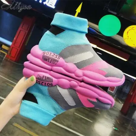 

2019 Spring women shoes flat slip on platform High top sneakers for women Mixed Colors breathable mesh sock sneakers