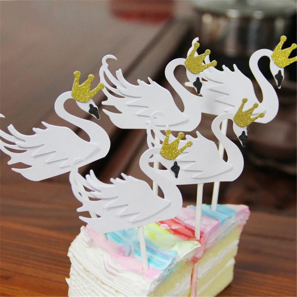 

5 Pcs/set Cute White Swans Yellow Crown Cake Cupcake Toppers Wedding Birthday Party Cake Picks Toppers Cake Decorations