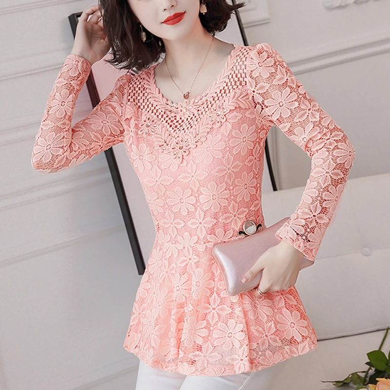 

Plus size 2019 Spring lace Shirt Tops Cutout casual female Elegant long-sleeve Lace Blouses shirts Women clothing M-4XL 818i3