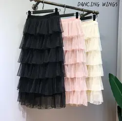 Женская сладкая длинная сетчатая юбка длиной до лодыжки многослойная высокая талия пушистая юбка для торта
