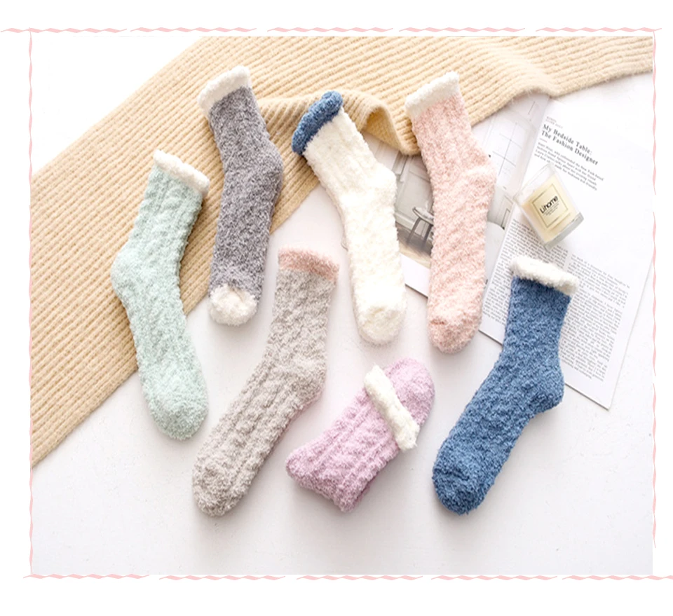 Hot adies Comfortable Winter New wWrm Bed Socks Floor Home Fluffy Candy Color Socks Coral Fleece Feet In The Tube Christmas (3)