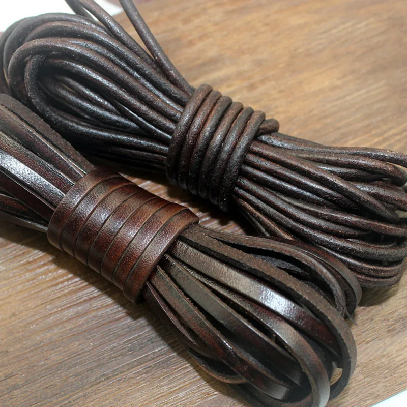 

2m/lot Width 1.5/2/3/4/5/6/8mm Vintage Genuine Leather Round Flat Leather Cord for DIY Leather Bracelet Jewelry Making Findings