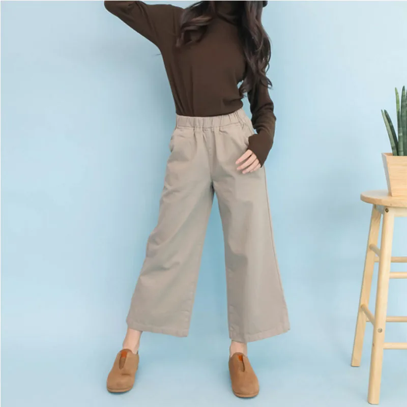 

Khaki Loose Ankle Length Pants For Teenage Girls Mid Waist Wide Leg Trousers Clothing Children School Cotton Bottoms New 2019