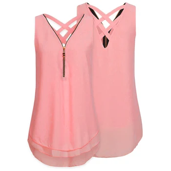 

Summer Tank Top Women Tunic Zipper V Neck Tops Sleeveless Criss Cross Casual Ladies Clothes Women Haut Femme Plus Size 2X 8L1177