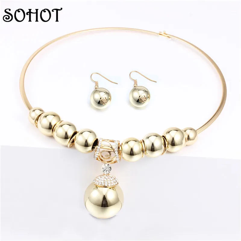 SOHOT Trendy Gold Silver Color Jewelry Sets Crystal Beads Balls Chunky Choker Statement Necklace Earrings Women Accessories Gift | Украшения