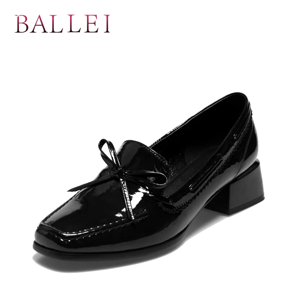 

BALLEI Fashion Woman Spring Pumps Handmade Genuine Leather Retro Square Toe Soft Thick Heel Shoes Solid Slip-on Vintage Pump D92