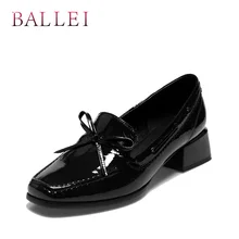 BALLEI Fashion Woman Spring Pumps Handmade Genuine Leather Retro Square Toe Soft Thick Heel Shoes Solid Slip-on Vintage Pump D92 chinese vintage women pumps slip on natural linen floral pumps slope heel retro cloth canvas soft shoes woman