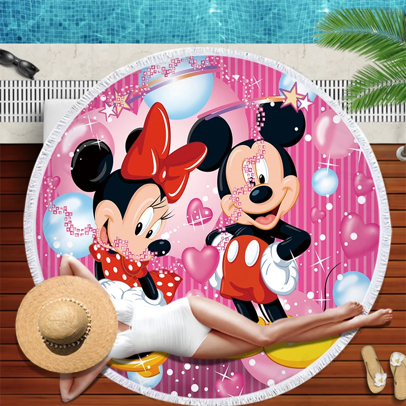 

Disney Cartoon Pink Minnie Mickey Mouse Microfiber Soft Round Summer Thin Blanket Bath Beach Towels with Tassel for Women Girls