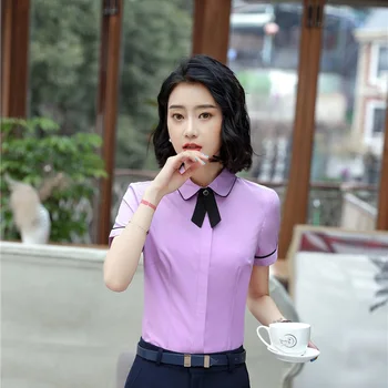 

Summer Short Sleeve Blouses With Tie Formal Elegant Uniform Styles Blouse & Shirts For Women Business Work Wear Tops Clothes OL