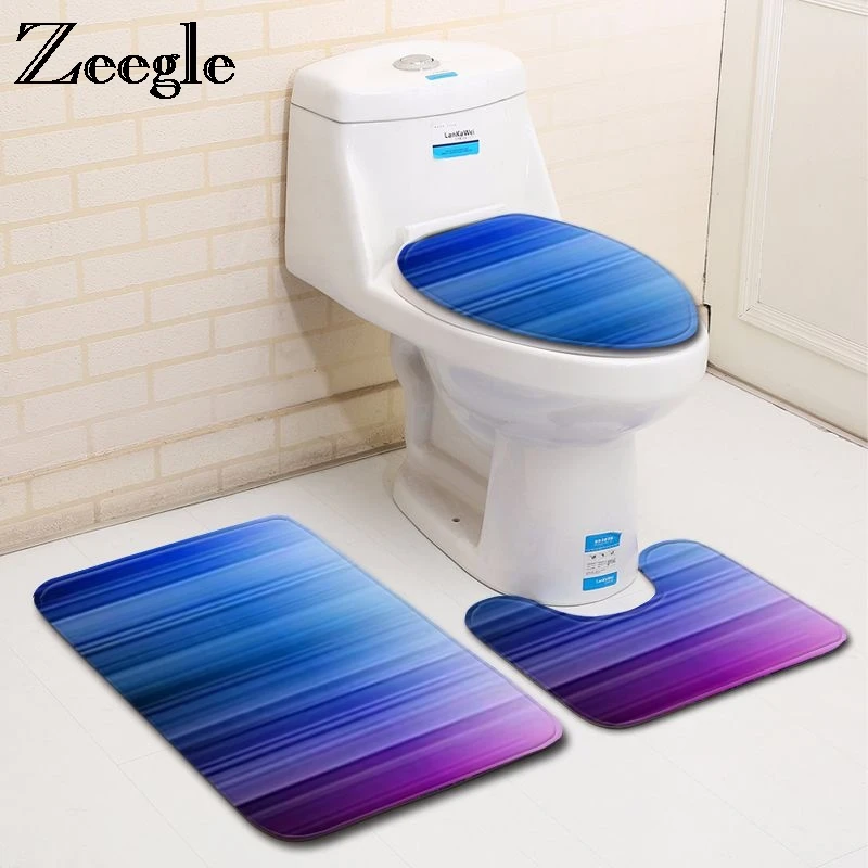 Zeegle 3Pcs/set Bathroom Mat Set Bath Carpet Color Painted Bathroom Floor Mat Set Non-Slip Shower Room Mats Flannel Bath Mat Set