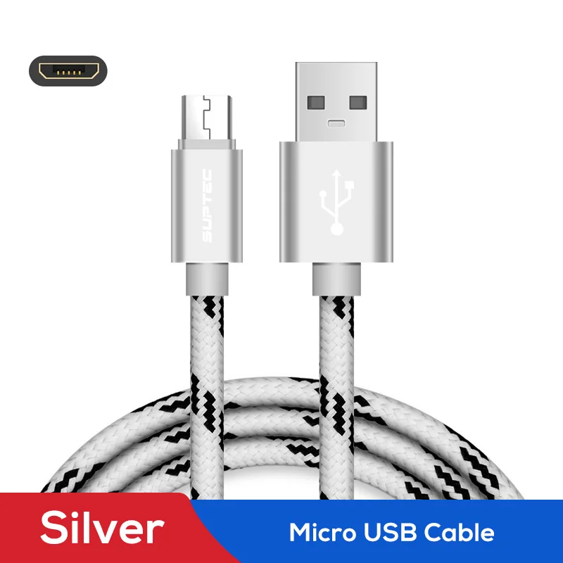Silver SUPTEC Micro USB кабель 2.4A нейлон Быстрая зарядка данных провод Microusb зарядное устройство кабель шнур для samsung S7 S6 Xiaomi Android смартфон - Цвет: Silver